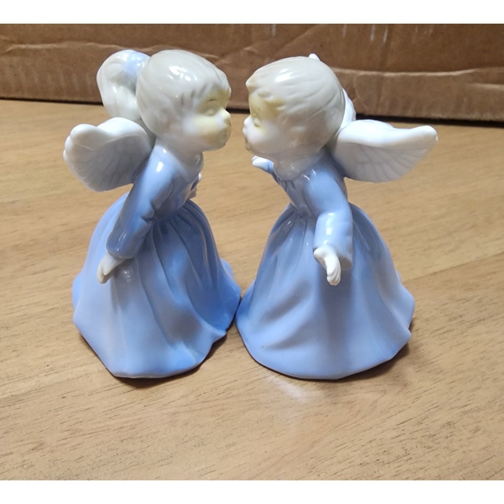 Vintage Pair Of Kissing Angel bells Blue And White Porcelain